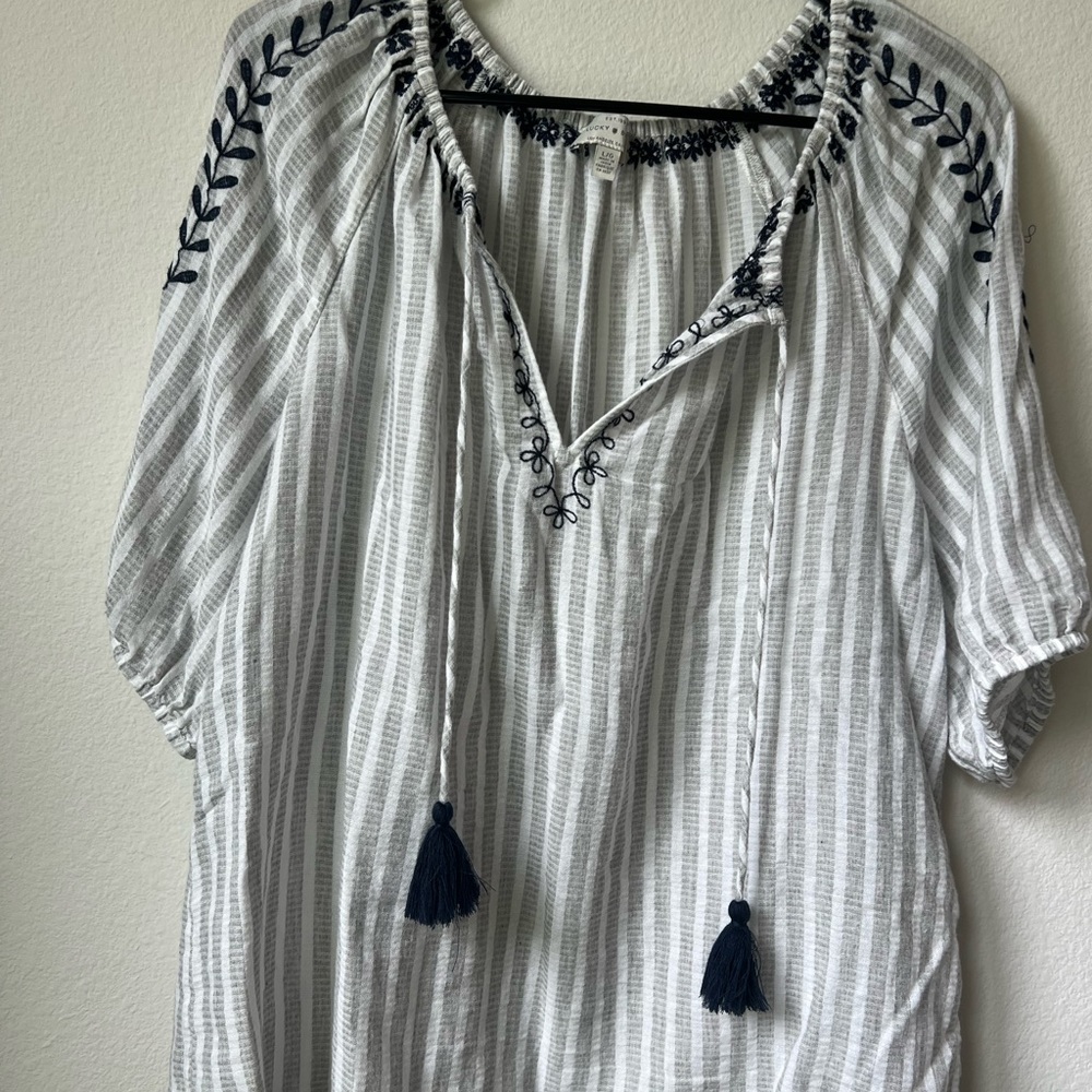 Lucky Brand White and Blue Embroidered Blouse